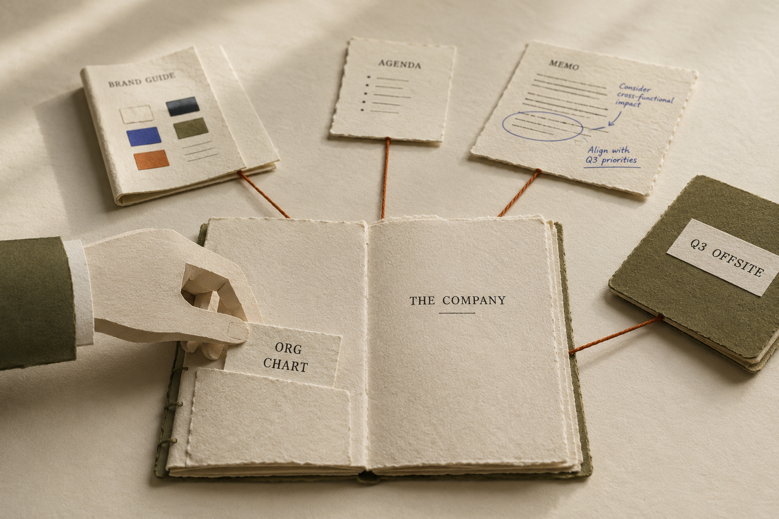 A paper-craft hand placing a card labeled ORG CHART into an open paper folio titled THE COMPANY, with a rust-orange thread connecting the folio to scattered paper artifacts: a brand guide, an agenda, a cobalt-ink memo, and an olive-green Q3 OFFSITE folder, on a cream desk surface.