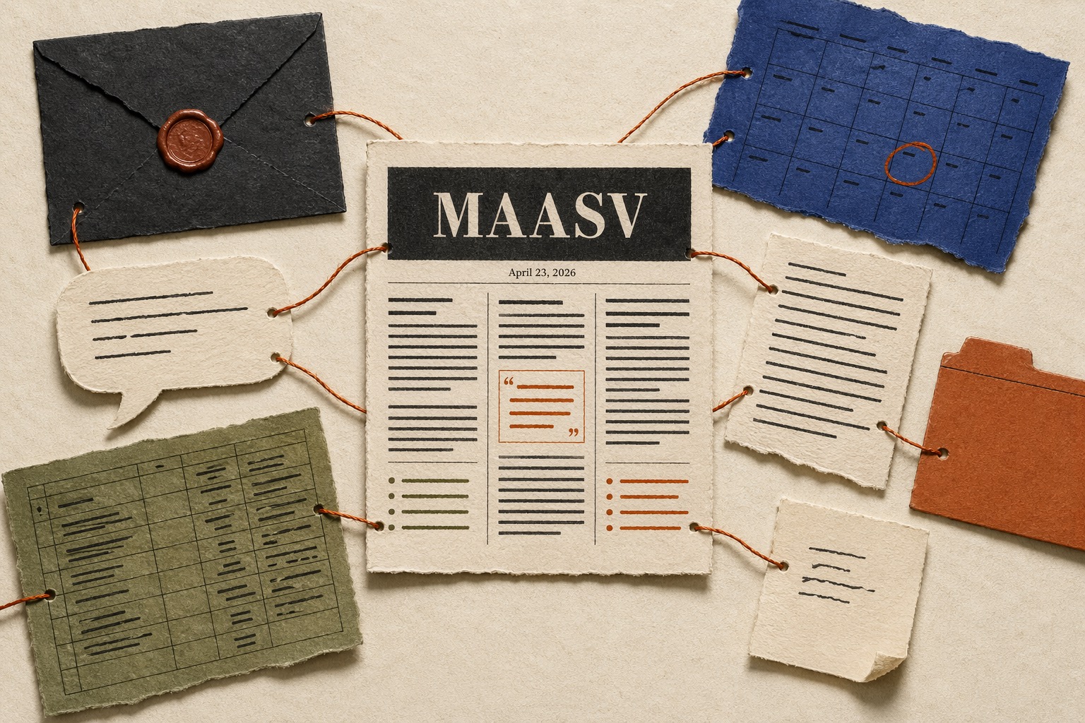 Scattered paper documents (email, calendar, spreadsheet, chat bubble, folder, sticky note) stitched together by a rust-colored thread into a single central broadsheet headlined MAASV, dated April 23, 2026.